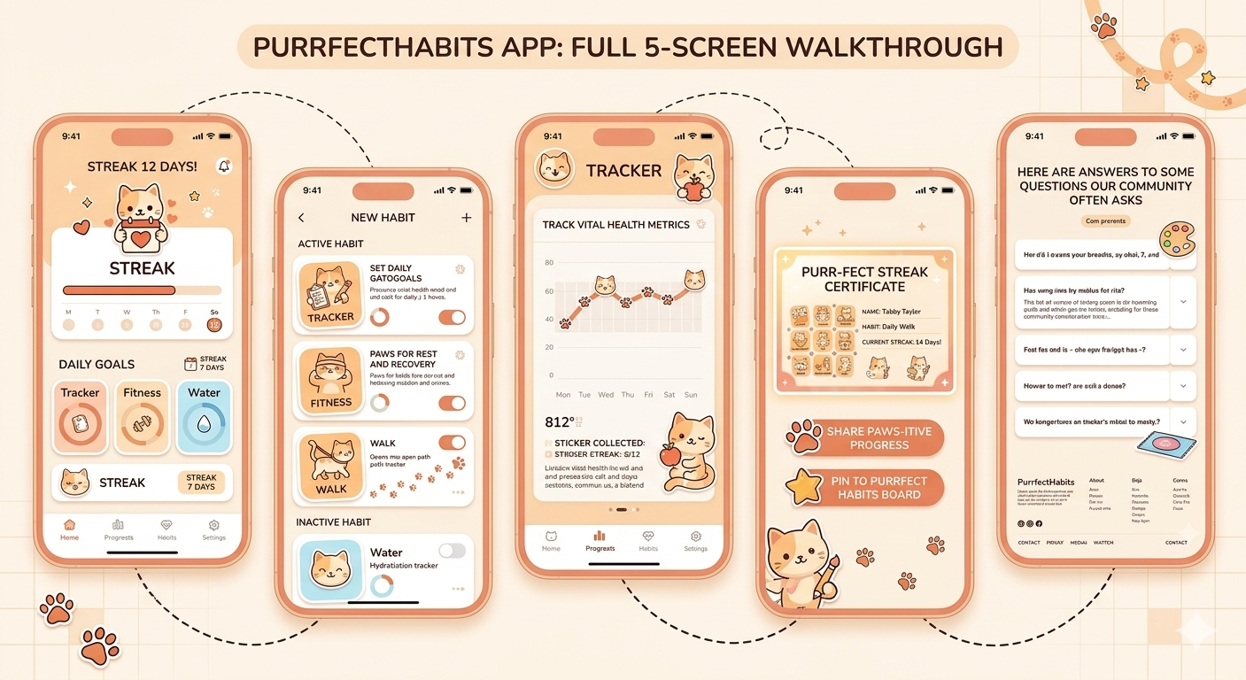 Purrfect Habit app overview screens